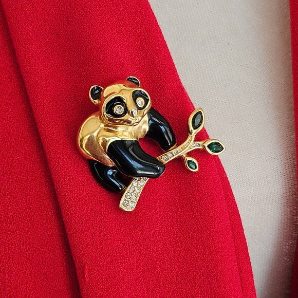 Vintage Swarovski Panda Bear on Branch Enamel & Rhinestone Brooch Pin - Picture 3 of 8